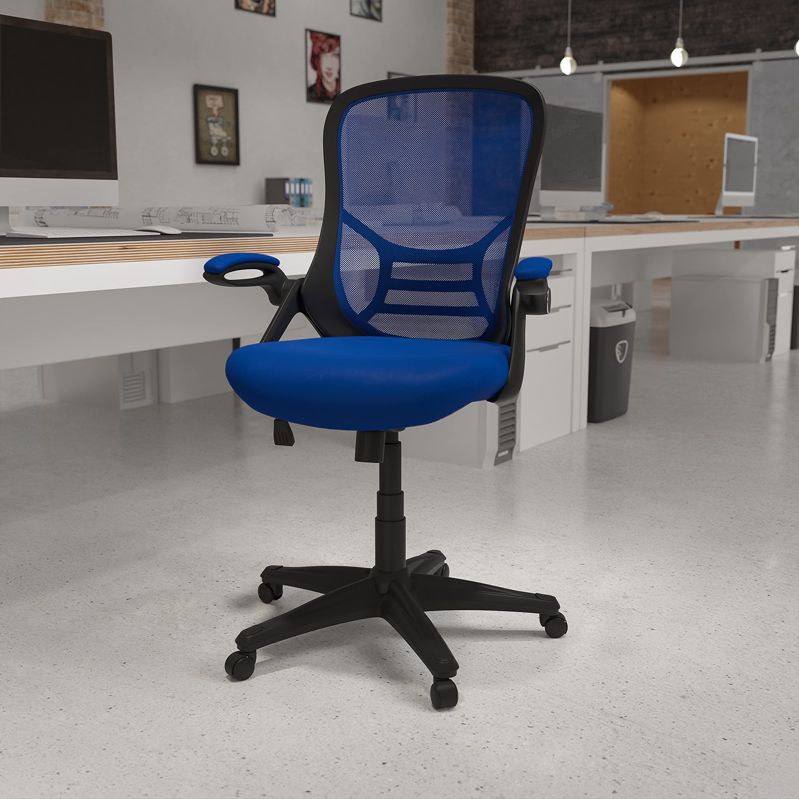 Ergonomic High Back Office Chair with Blue Mesh & Black Frame - Flip-Up Arms for Comfort & Support - Perfect for Home Office, Gaming & Workspaces