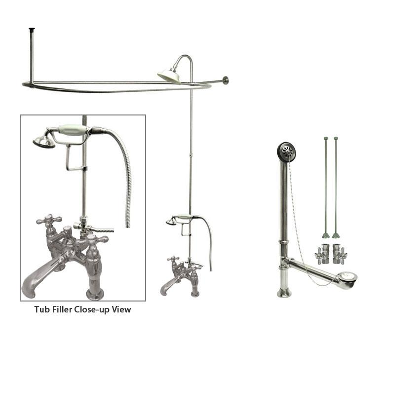 Vintage Chrome Clawfoot Bathtub Faucet with Shower Kit & Enclosure Curtain Rod 610T1CTS - Perfect for Classic Bathroom Renovations & Spa-Style Relaxation
