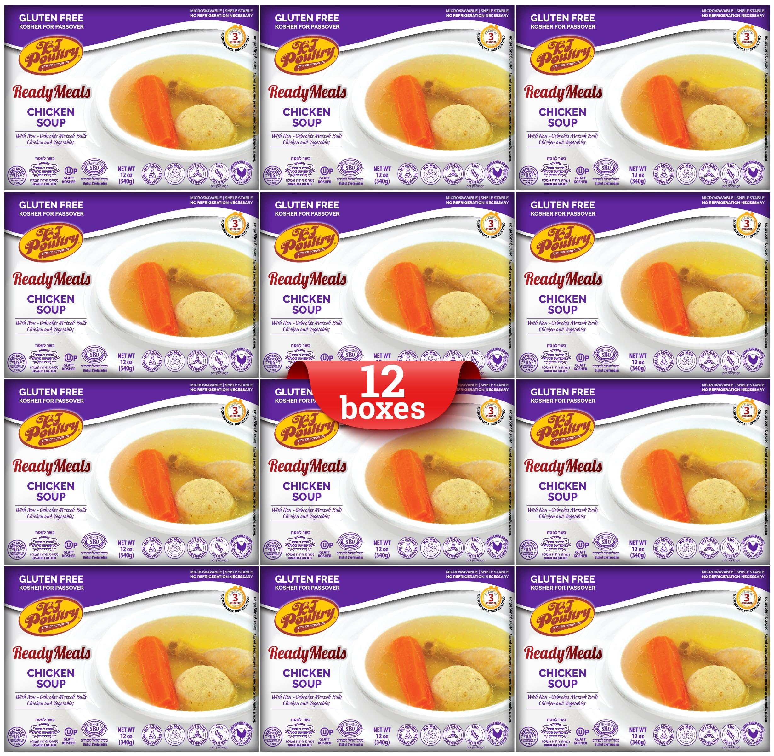 Kosher for Passover Gluten-Free Chicken Soup with Non-Gebrokts Matza Balls - Halal Certified Shelf-Stable Microwave Meal (12 Pack) | Ready-to-Eat Prepared Entree for Travel, Military Rations, Camping & Emergency Food Supply