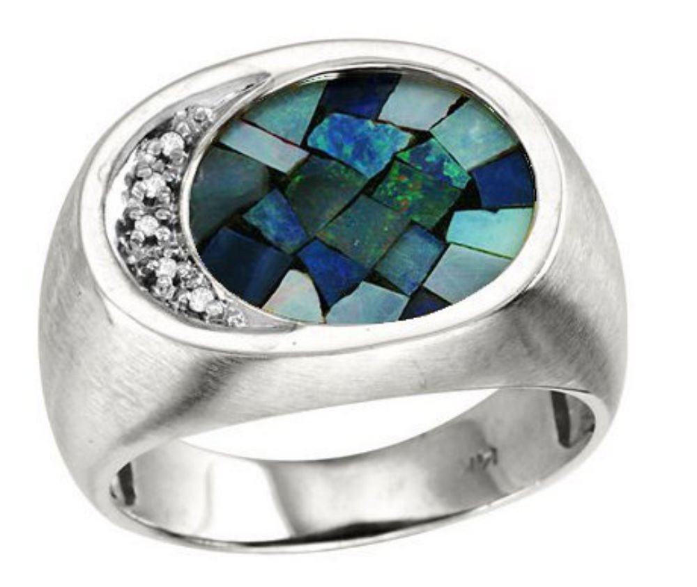 14K White Gold Men's Diamond & Mosaic Opal Ring - Stylish Color Stone Gemstone Jewelry for Men, Perfect for Weddings, Engagements, and Special Occasions