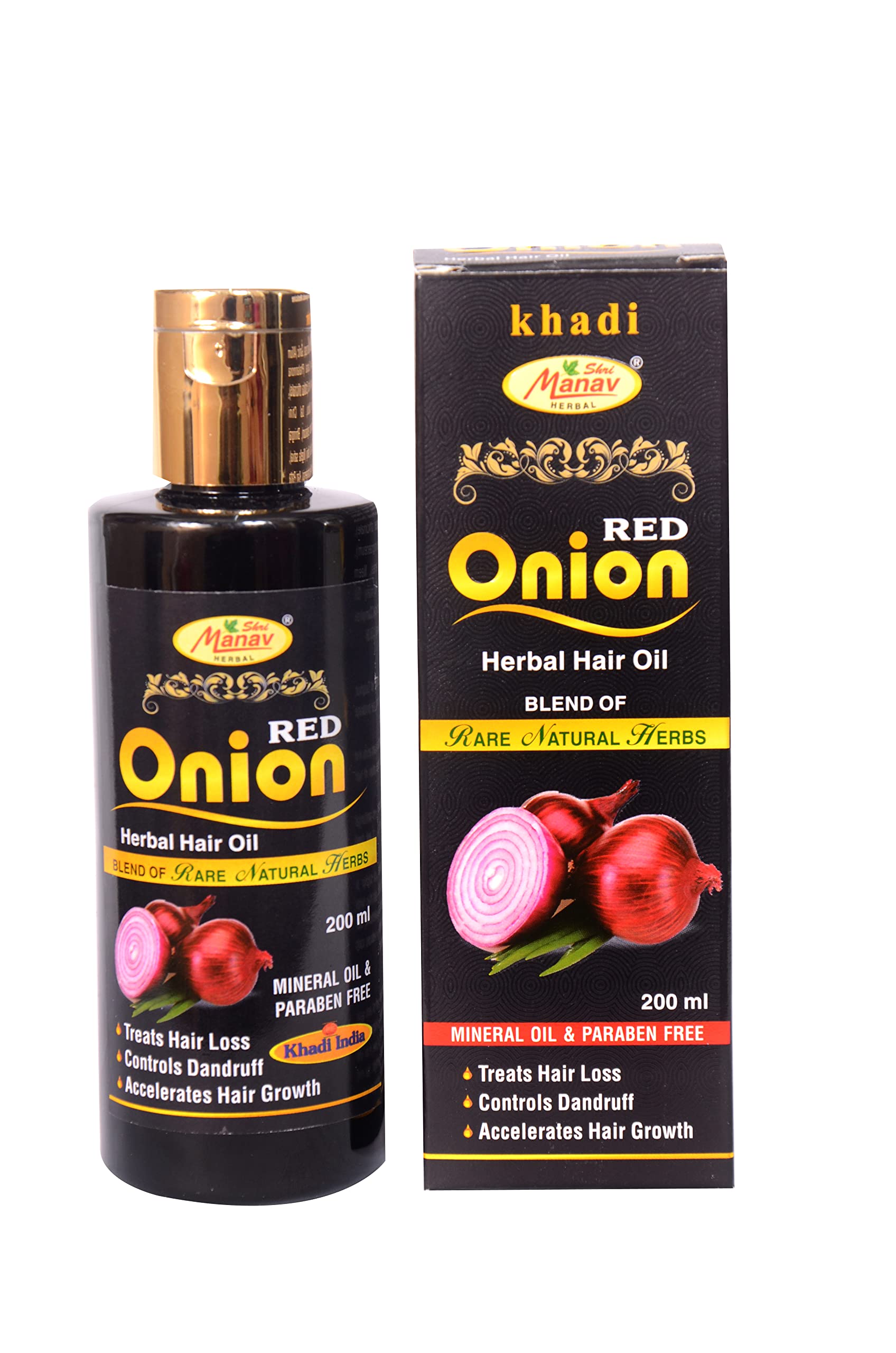 Shri Manav Herbal Khadi India Red Onion Hair Oil 200ml - Natural Hair Growth & Anti Hair Loss Treatment with Black Seed, Curry Leaf, Hibiscus, Bhringraj & 29+ Herbal Oils | Promotes Thicker, Stronger Hair | Perfect for Daily Scalp Massage & Damaged Hair Care