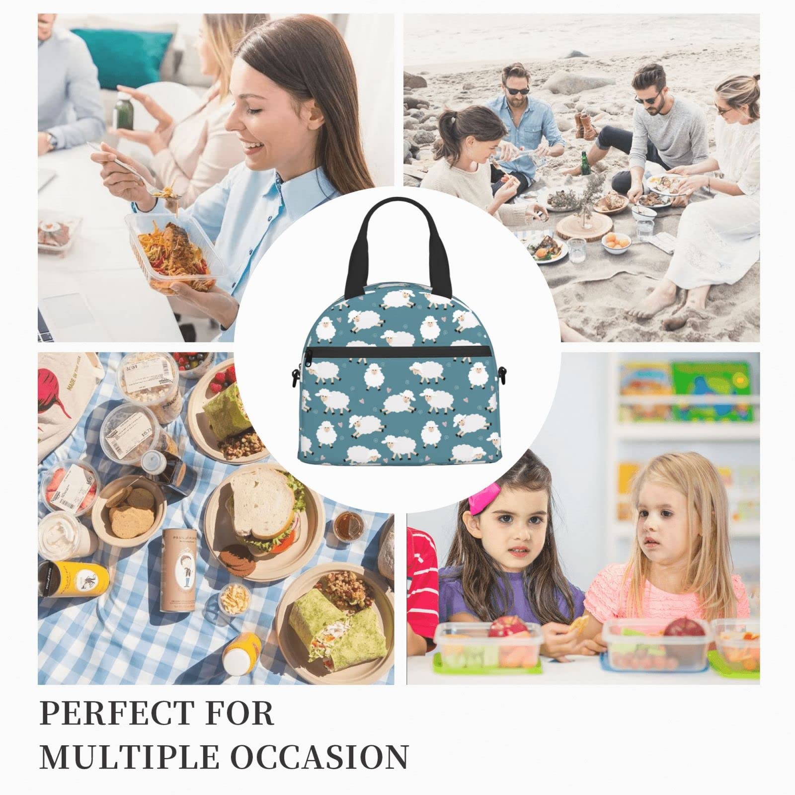Insulated Reusable Lunch Bag with Adjustable Shoulder Strap - Cute Sheep Design for Office, School, Picnic & Travel | Eco-Friendly Food Container for Work Lunch or Outdoor Activities