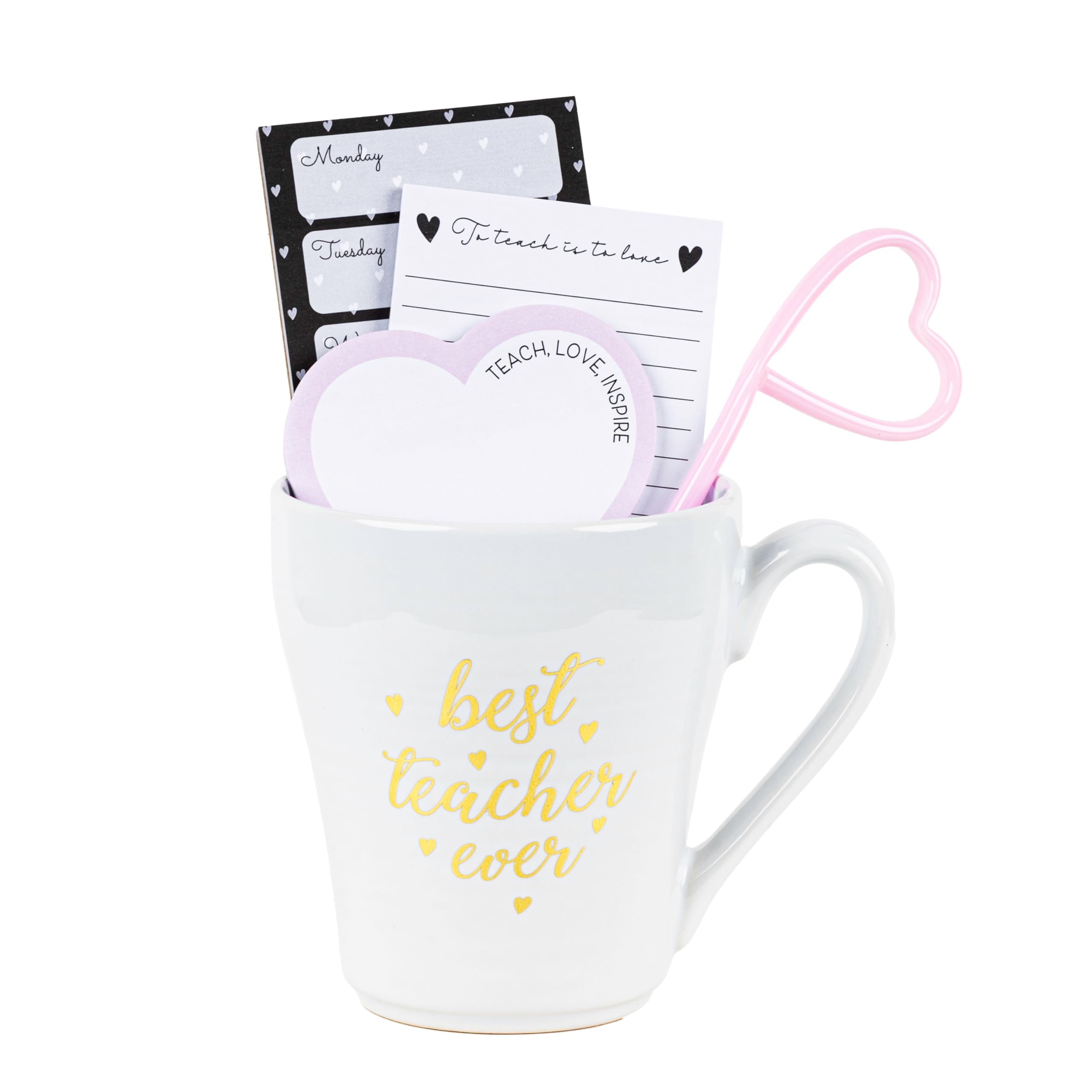 **VOTUM Teacher Appreciation Gift Set - Inspirational Coffee Mug, Notepad, Heart Sticky Notes, Gold Paper Clips & Heart Pen - Perfect Thank You Gift for Women Teachers - Great for Classroom, Office & Teacher's Day**