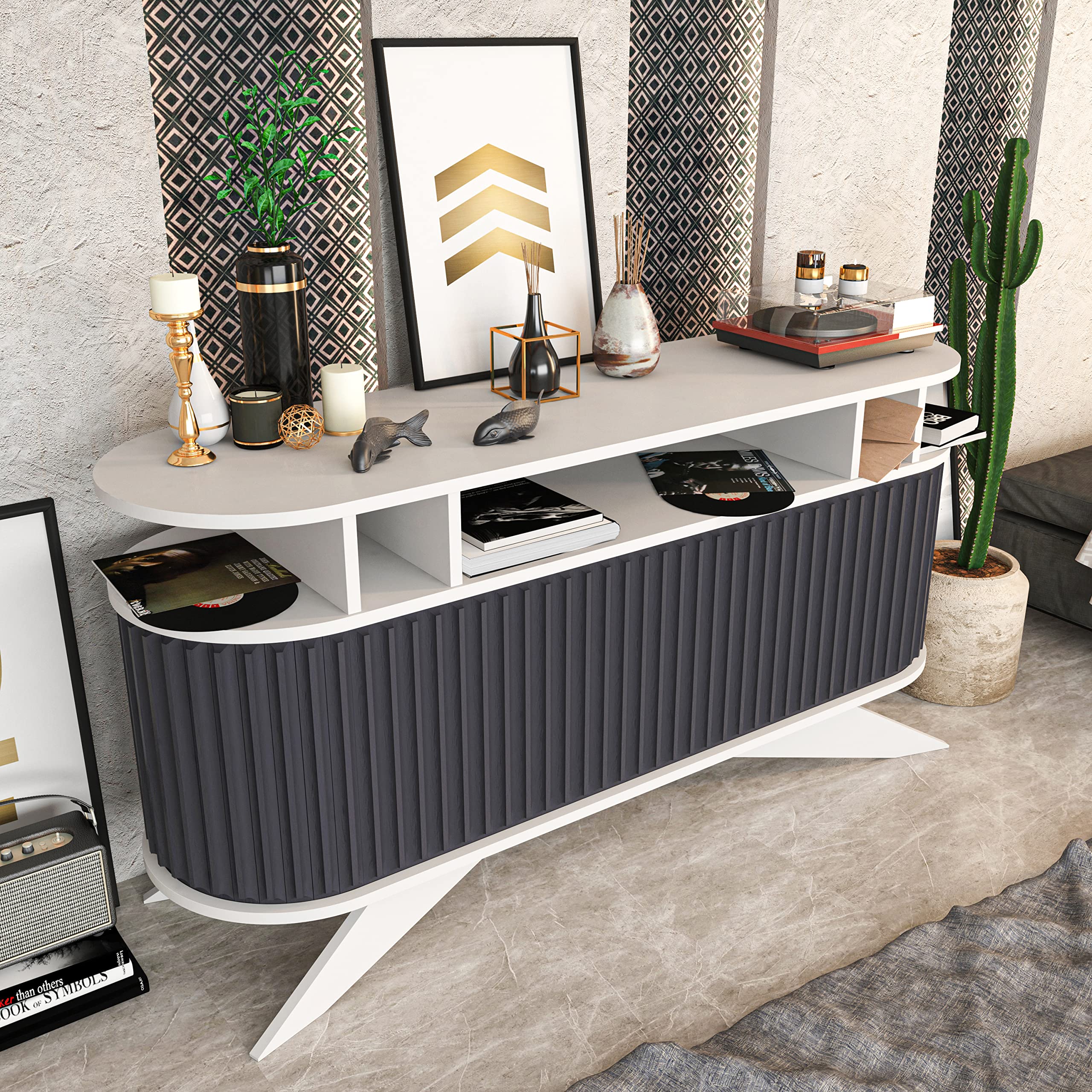Modern Grey 59-inch TV Stand Media Console with Sliding Doors - Sturdy Entertainment Center for Living Room, Bedroom & Home Theater Setup