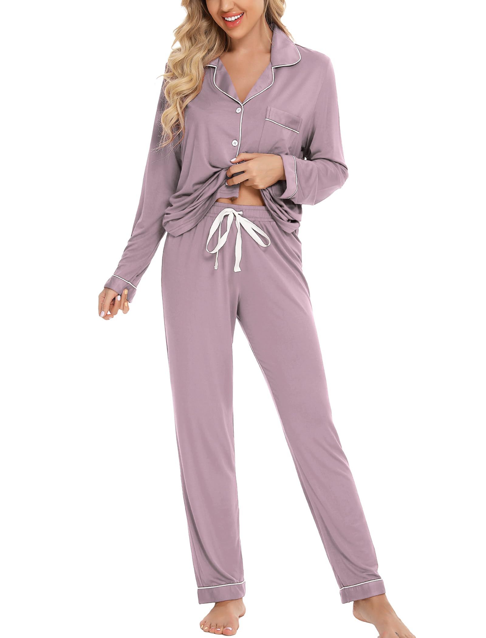 Leikar Women's Soft Button Up Pajama Set - Long Sleeve Shirt & Lounge Pants | Cozy Sleepwear for Nighttime & Relaxing at Home