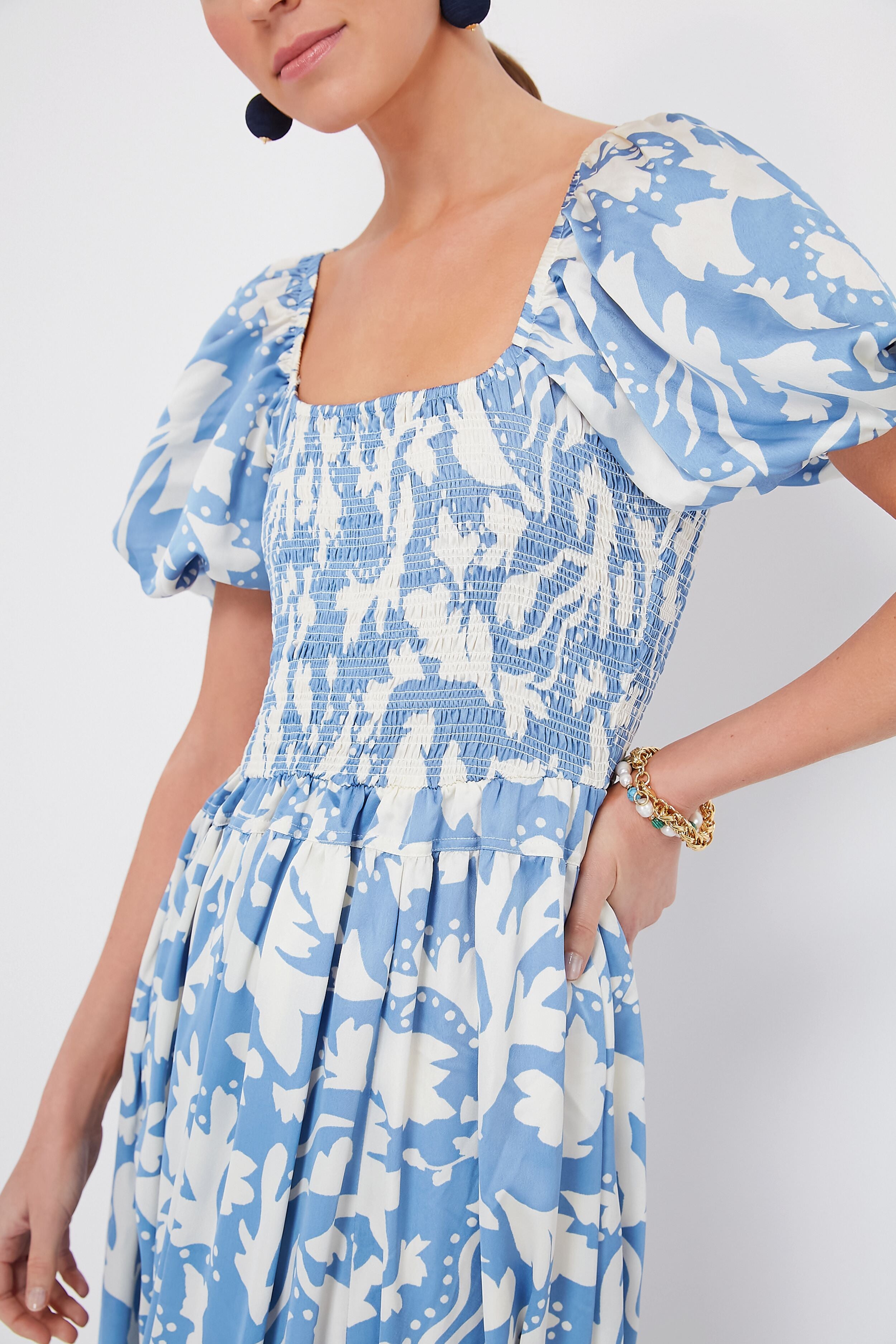 Stylish Blue Puff Sleeve Midi Dress for Women - Elegant Flowy Summer Dress for Parties, Weddings & Date Nights