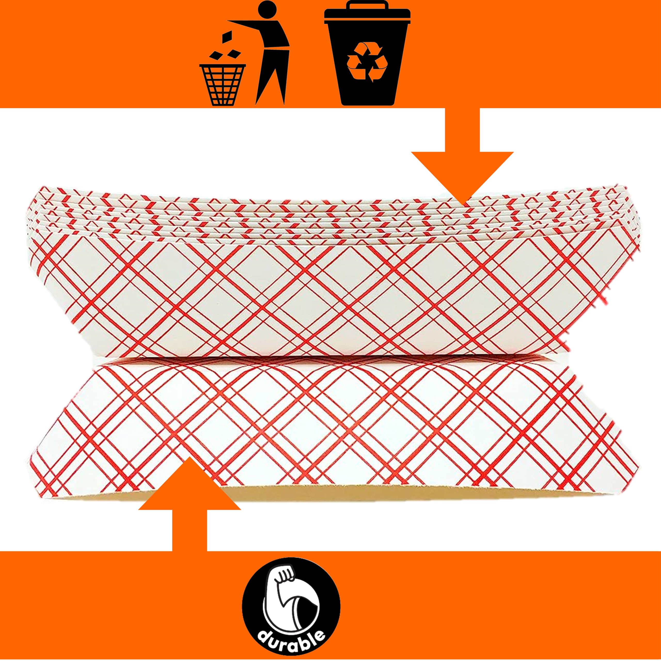 Mr Miracle Extra Large (5LB) Red & White Checkered Paper Food Trays - 100 Pack Disposable & Recyclable Serving Boats for Condiments, Snacks & Concession Food | Grease Resistant | Perfect for Parties, Picnics & Food Service Businesses