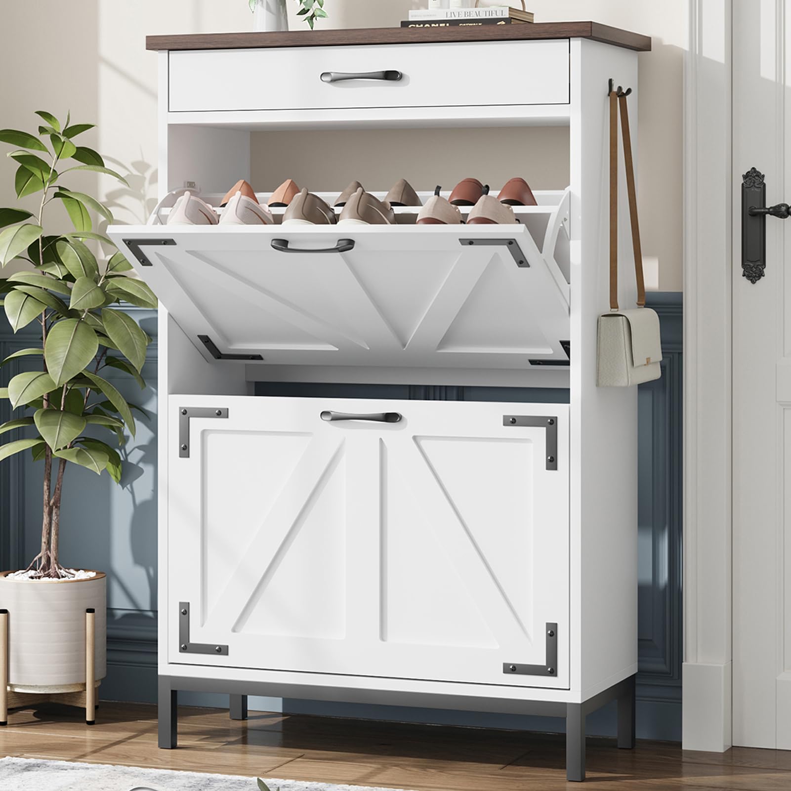 Farmhouse Style White Shoe Cabinet with 2 Flip Drawers - Narrow Entryway Shoe Storage Organizer for Hallway, Foyer & Door Entry - Free Standing Hidden Shoe Storage Cabinet (Perfect for Small Spaces & Apartment Living)