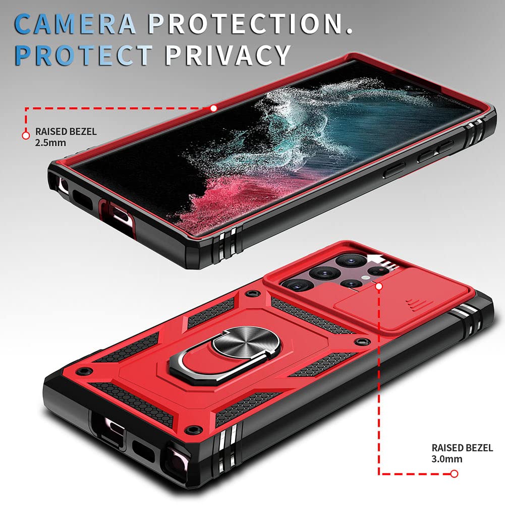 Samsung Galaxy S22 Ultra Phone Case with Stand & Slide Camera Protection - Durable Shockproof Cover for Galaxy S22 Ultra (Red) - Perfect for Work, Travel & Everyday Use