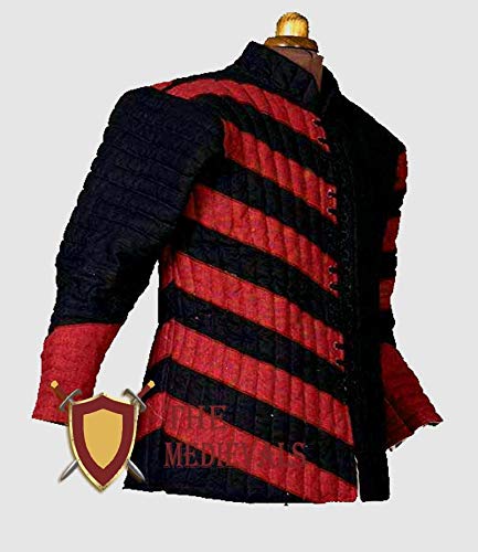 Medieval Gambeson Thick Padded Coat Aketon Jacket Armor - Black/Red Cotton LARP Costume for Renaissance Fairs & Historical Reenactment