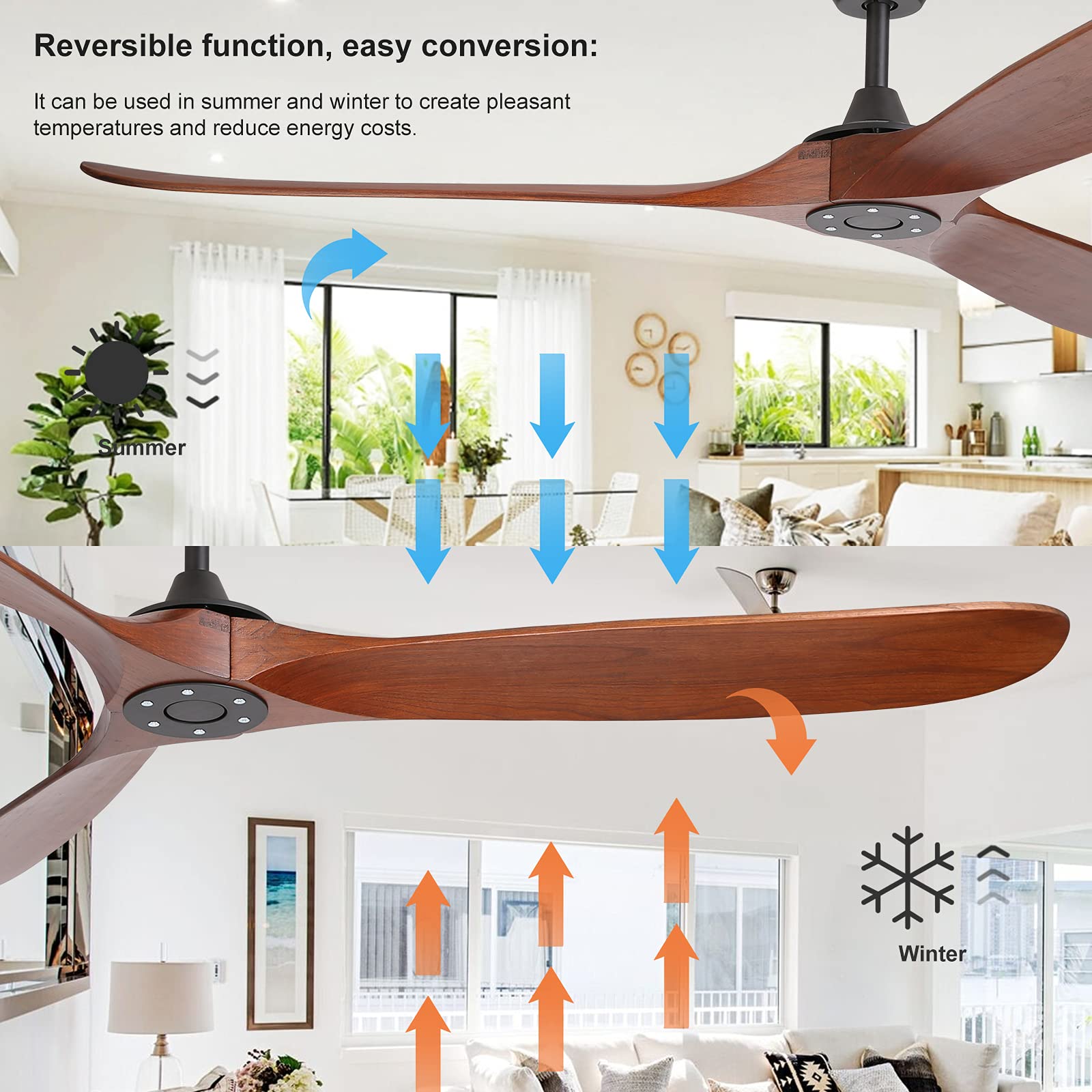 Reiga 70 Inch Large Wood Ceiling Fan Without Light - 3 Blade Indoor/Outdoor High Airflow Silent Smart Ceiling Fan with Remote Control - Perfect for Living Room, Bedroom, Exterior Patio, Porch, and Outdoor Spaces