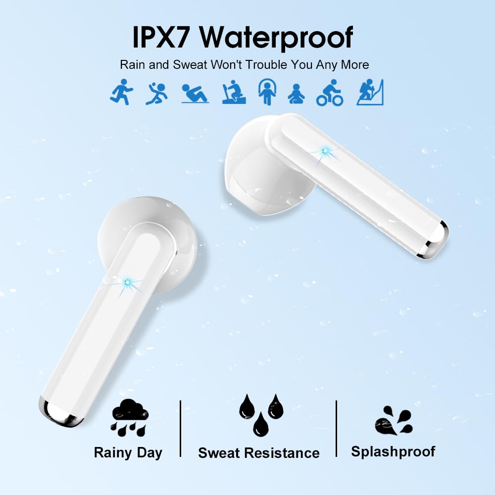 OYIB Wireless Earbuds Bluetooth 5.3 - HiFi Stereo Sound, ENC Noise Cancelling Mic, Touch Control, Type-C Charging, in-Ear Headphones (White/Blue) for Gym, Running, Workouts & Commuting