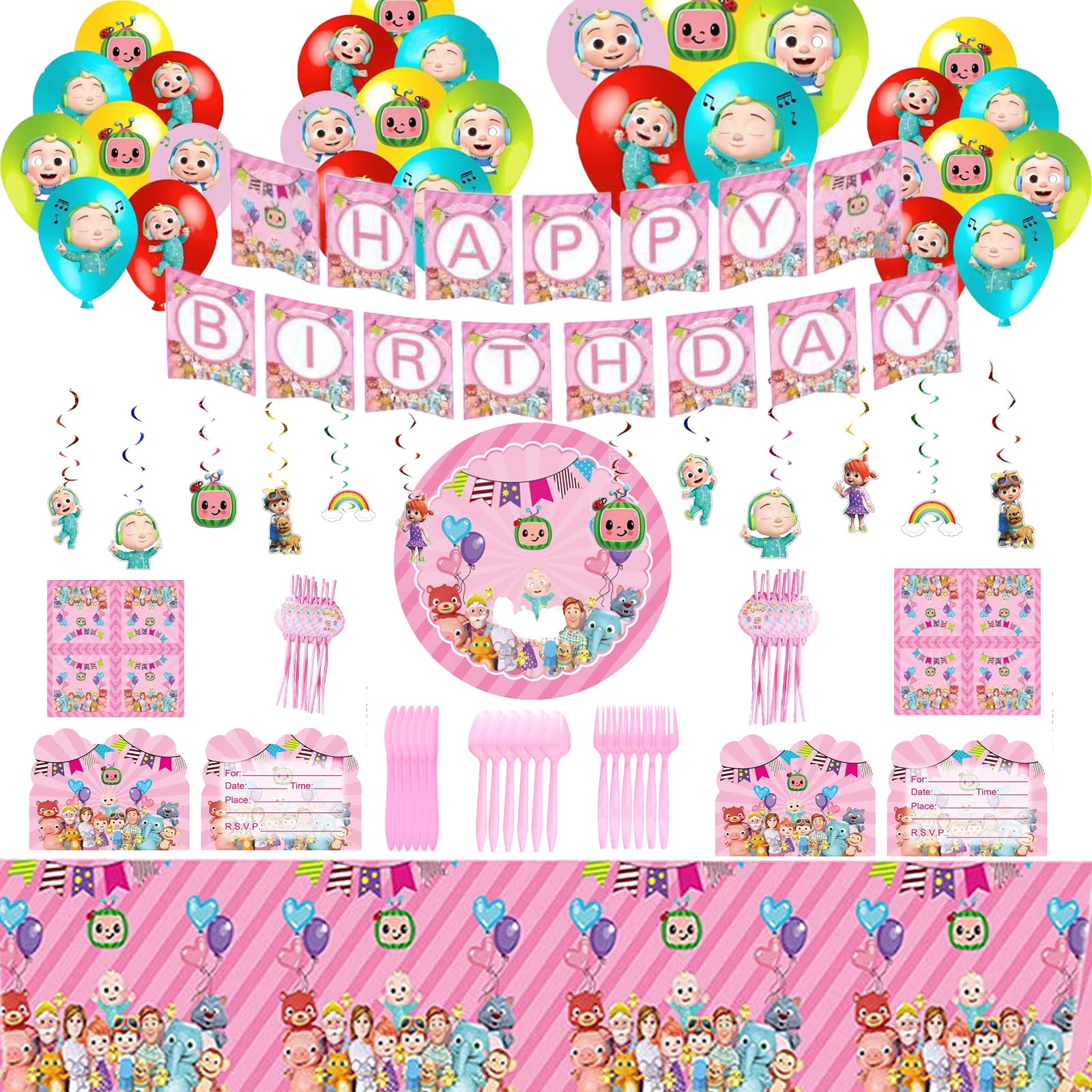 Pink Birthday Party Supplies for Kids - Happy Birthday Banner, Plates, Tablecloth, Cake Toppers, Balloons, Invitation Cards & Napkins - Girls & Boys Party Decorations Kit - Perfect for Birthday Celebrations, Themed Parties & Special Events