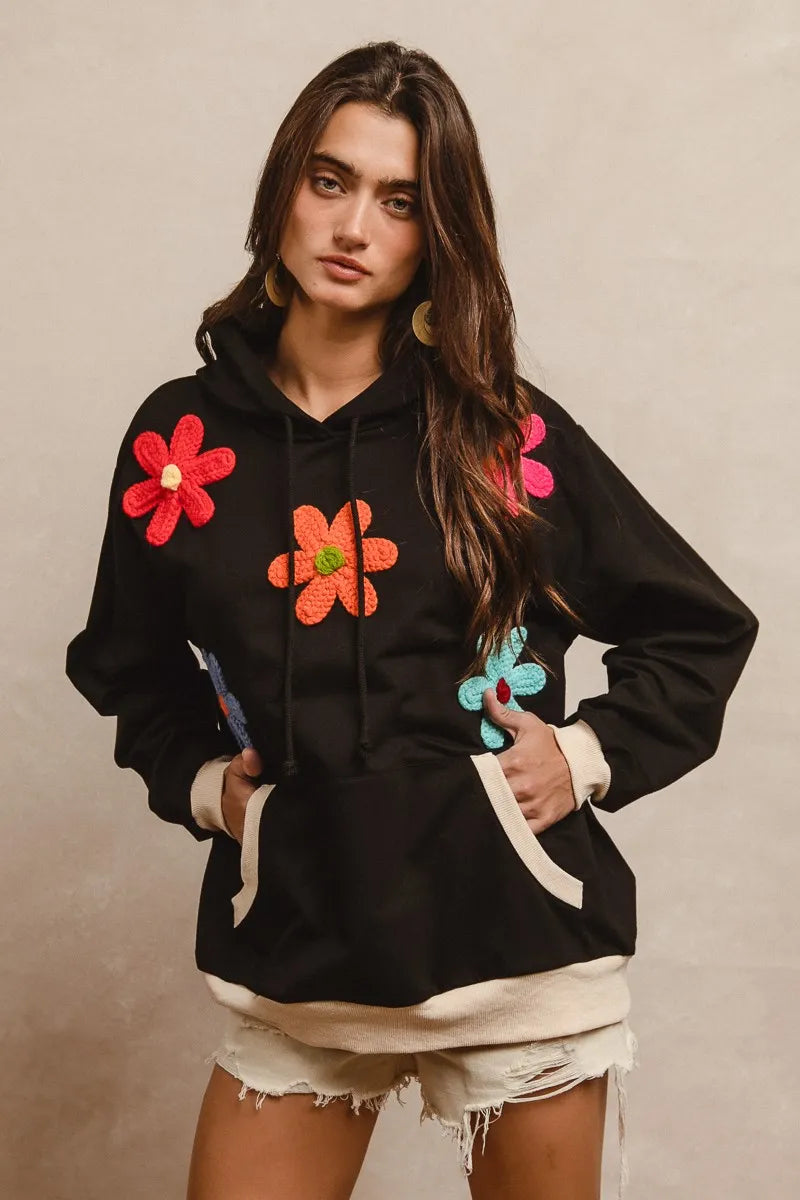 BiBi Patched Hoodie Top for Women - Trendy Streetwear Pullover with Unique Embroidery | Perfect for Casual Outfits, Layering & Fall Fashion
