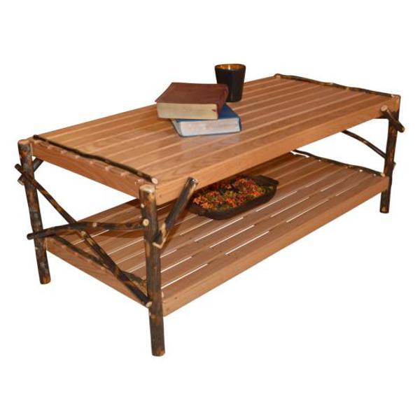 Solid Hickory Wood Coffee Table with Storage Shelf - Rustic Farmhouse Living Room Furniture for Home Decor & Entertainment Areas