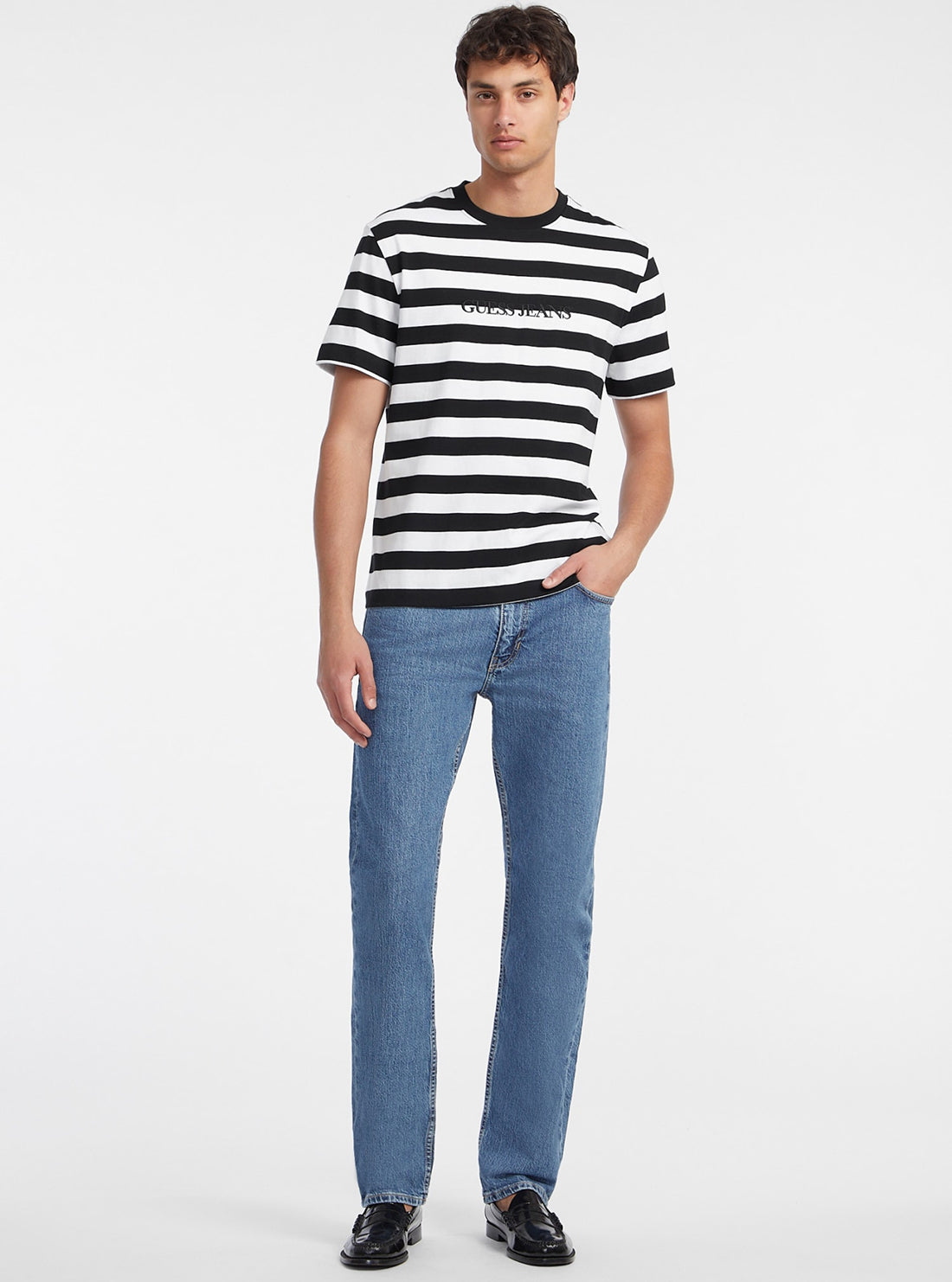 Guess Jeans Black & White Striped T-Shirt for Women - Casual Cotton Tee for Everyday Wear, Street Style & Layering