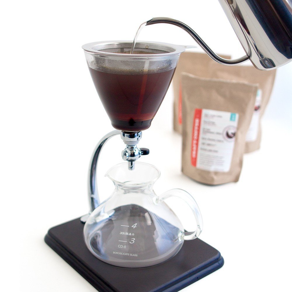 Premium Yama Glass Silverton 16oz Coffee & Tea Brewer - Heat-Resistant Borosilicate Glass with Black Wood Base & Stainless Steel Filter - Perfect for Pour Over Coffee, Iced Tea & Home Brewing