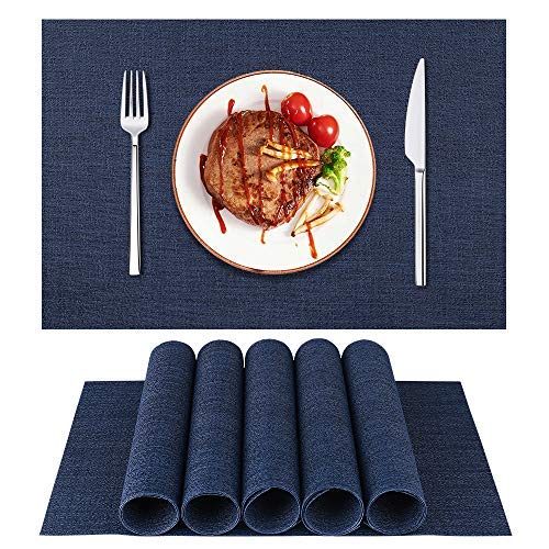 4-Pack Woven Vinyl Placemats - Waterproof & Washable Indoor/Outdoor Dining Mats for Kitchen, Patio, Picnic - Dark Blue Table Setting Essentials