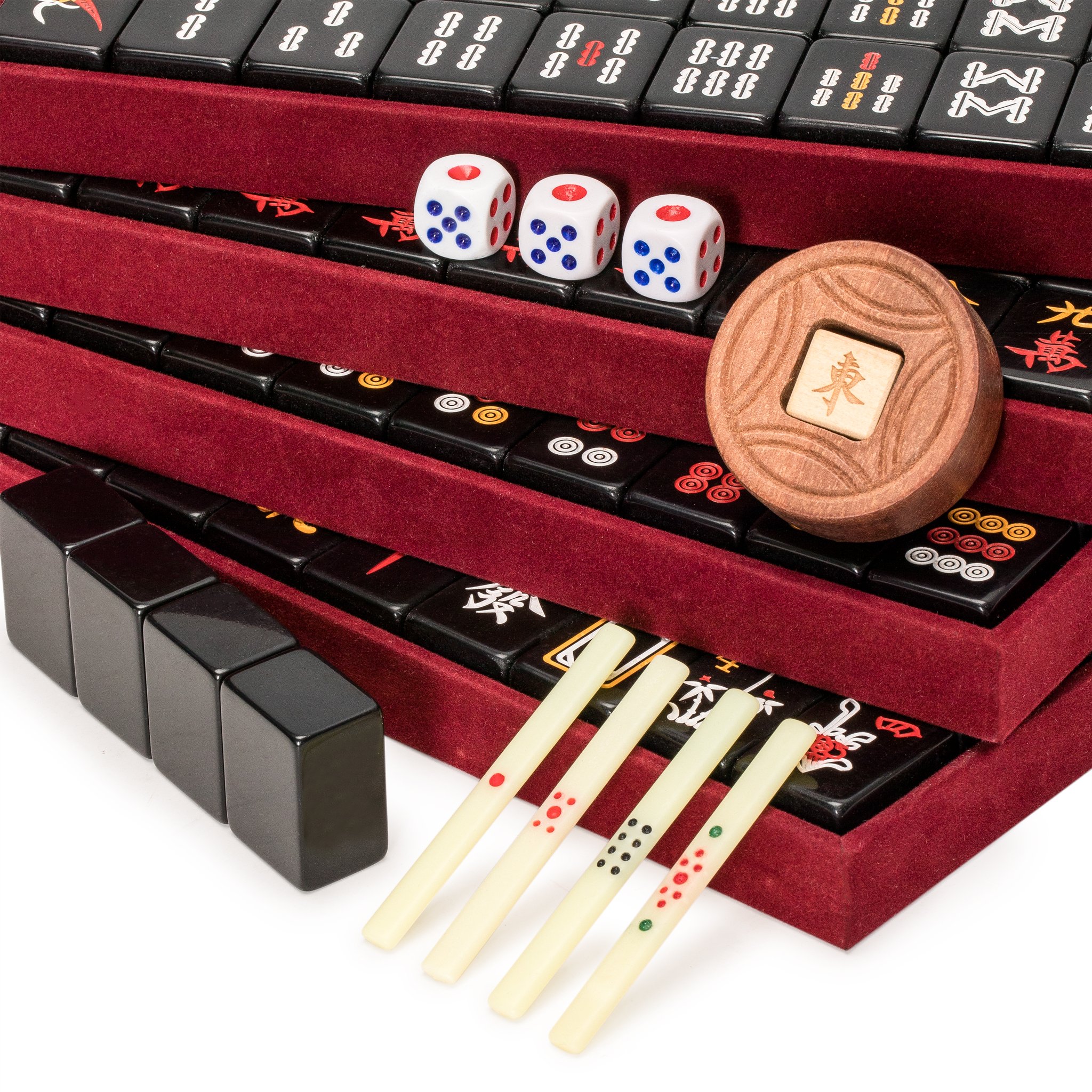 Premium Chinese Mahjong Set with 148 Small Black Tiles - Wooden Case, Spinner, Dice & Scoring Sticks | Authentic Asian Game for Family Gatherings, Game Nights & Cultural Events