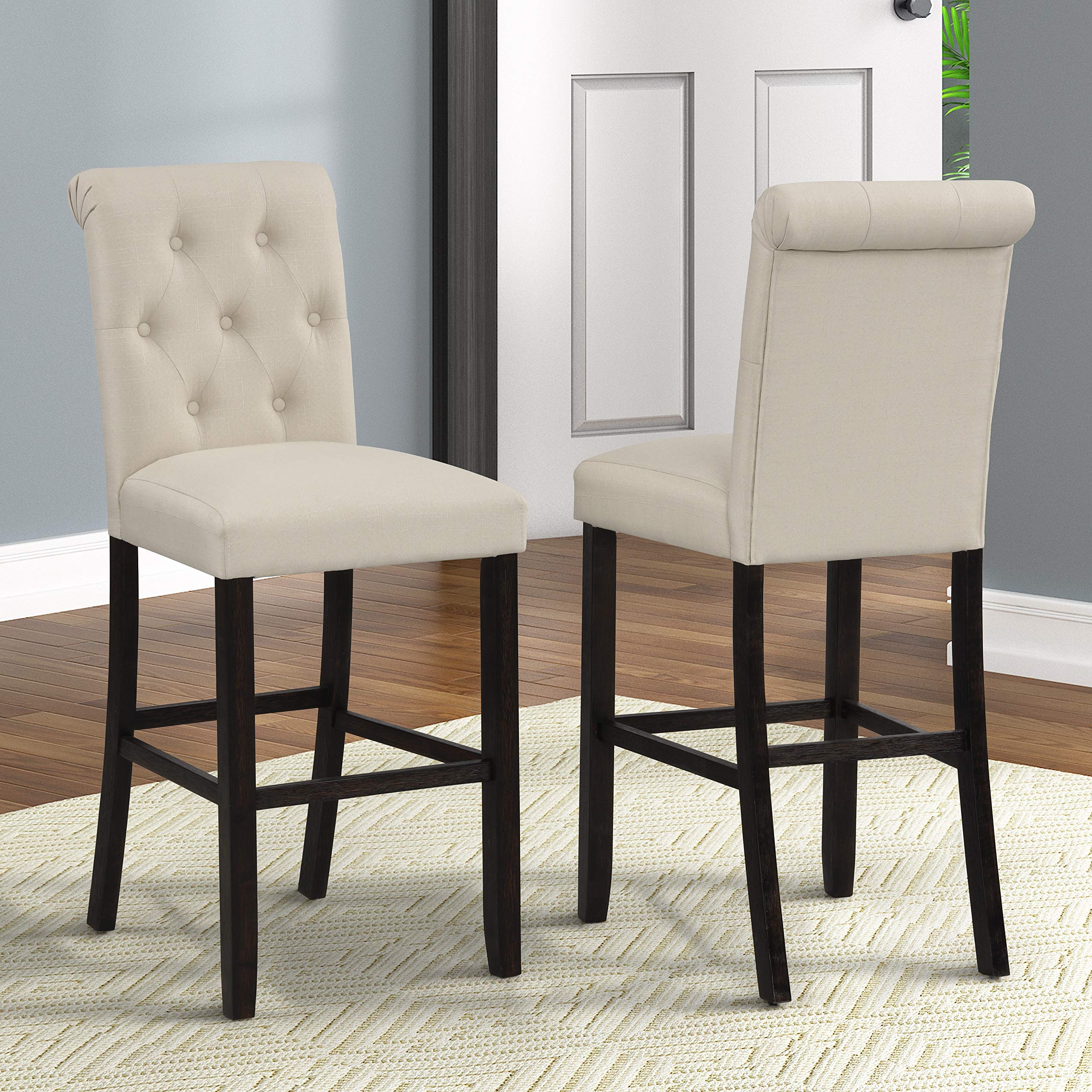 Roundhill Furniture Hendley Solid Wood Tufted Bar Stools, Set of 2, Tan - Perfect for Kitchen Islands, Breakfast Bars & Home Pub Decor