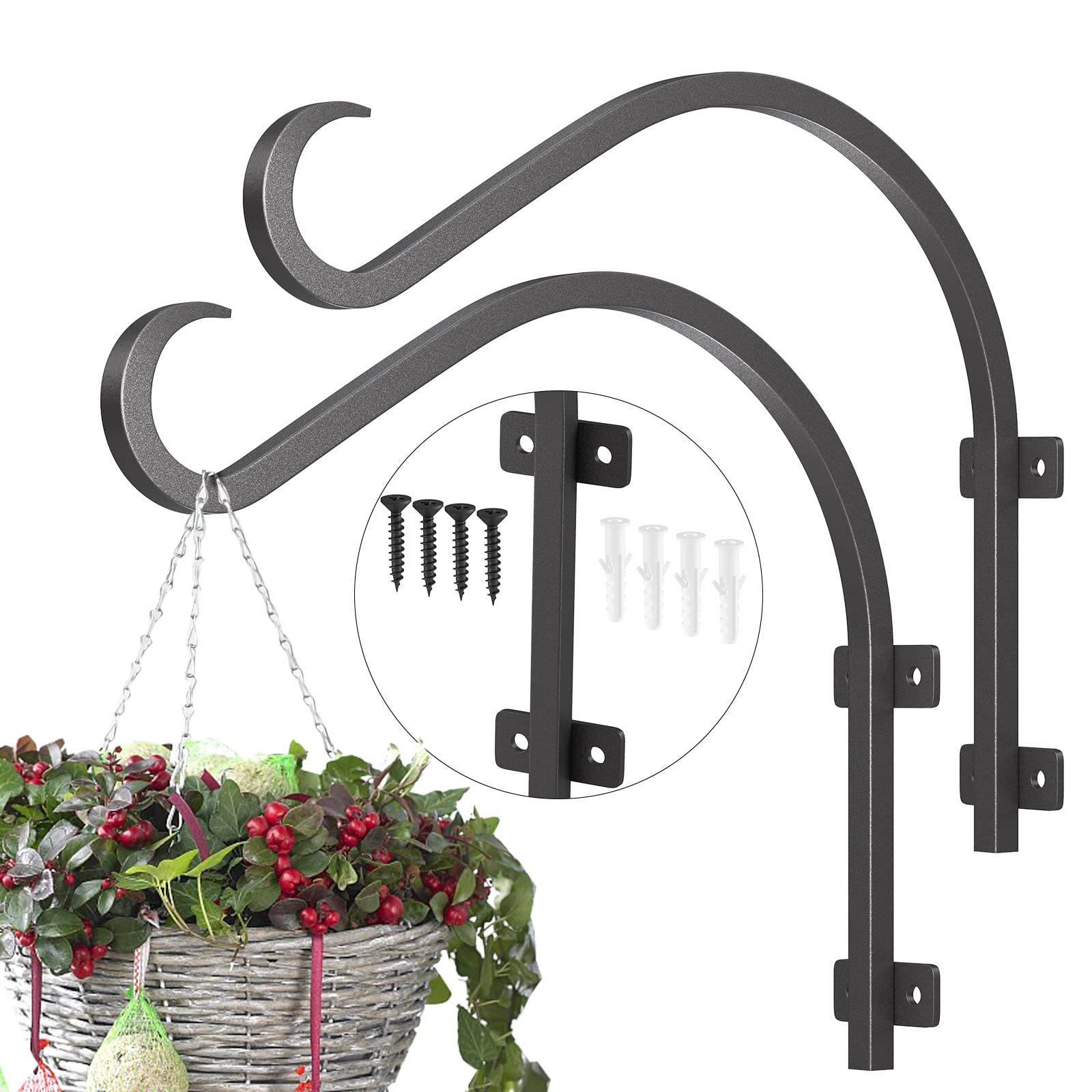 Mosloly 12'' Hanging Plant Brackets 2 Pack - Heavy Duty Outdoor Plant Hangers, Rust-Resistant Black Metal Hooks (2 lbs) - Perfect for Porch, Garden & Patio Decor