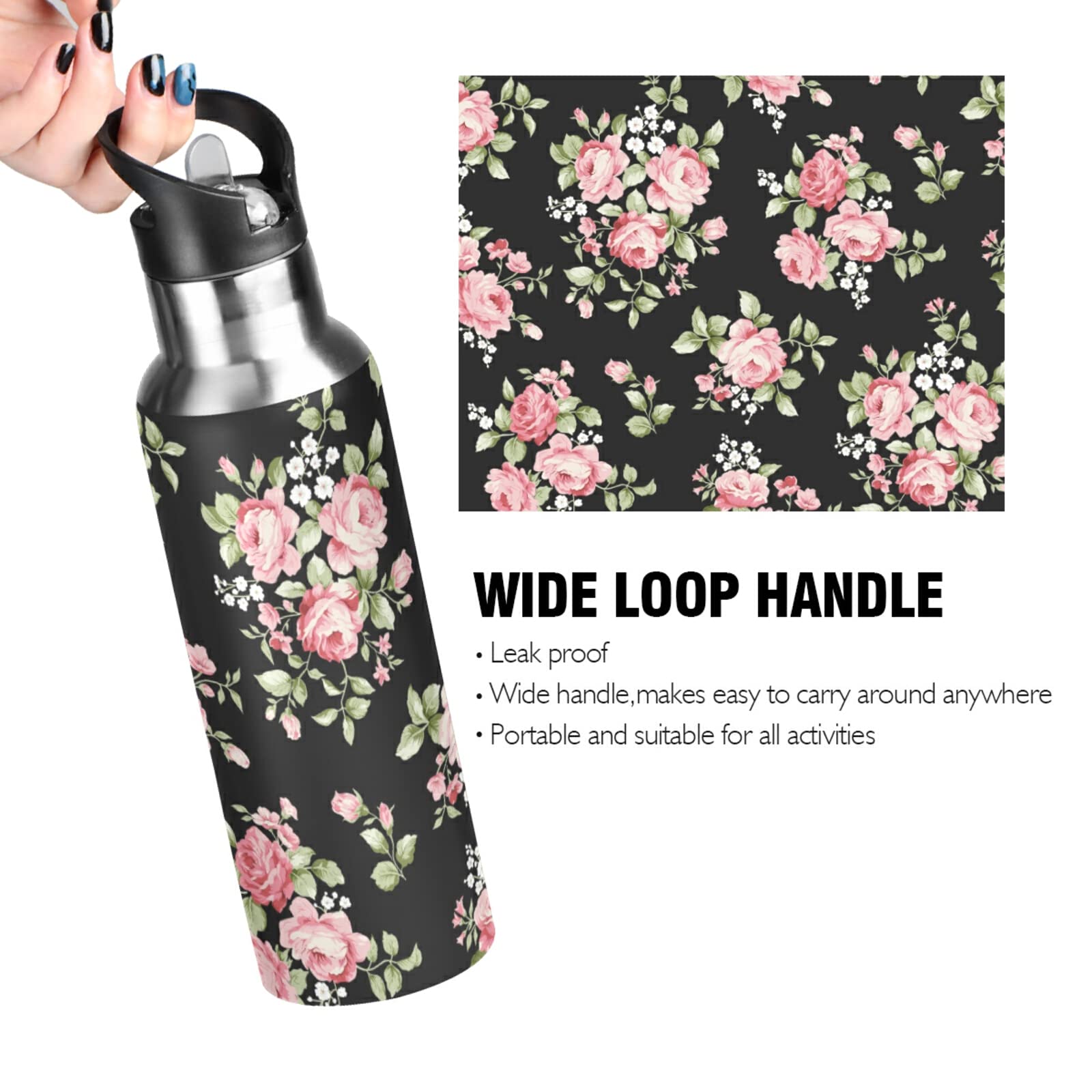 ALAZA Pink Rose Stainless Steel Water Bottle 20oz - Vacuum Insulated for Travel & Gym