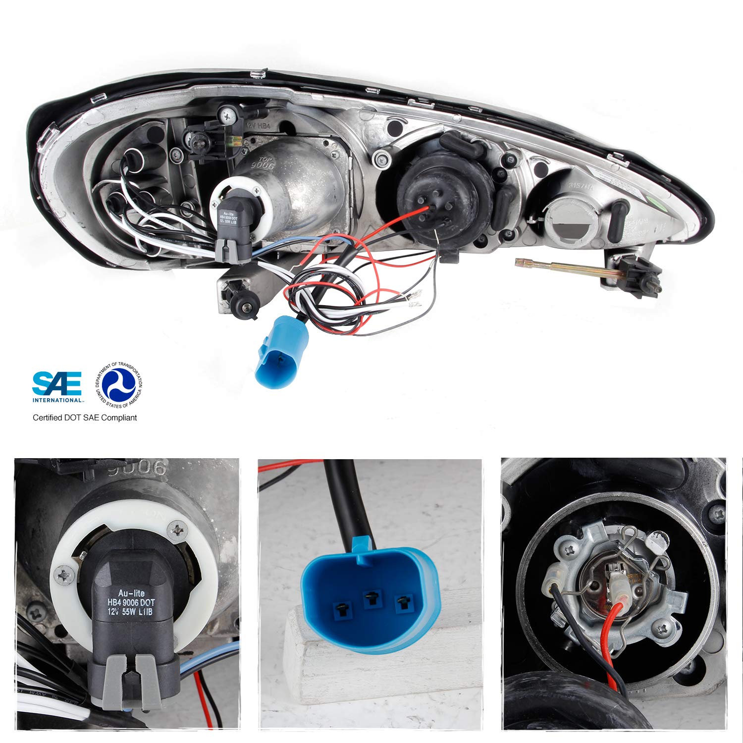 AKKON Black Bezel Dual Halo Ring Projector Headlights for Pontiac Grand AM - Replacement Front Lamps (Left/Right) - Upgrade for Night Driving & Enhanced Style