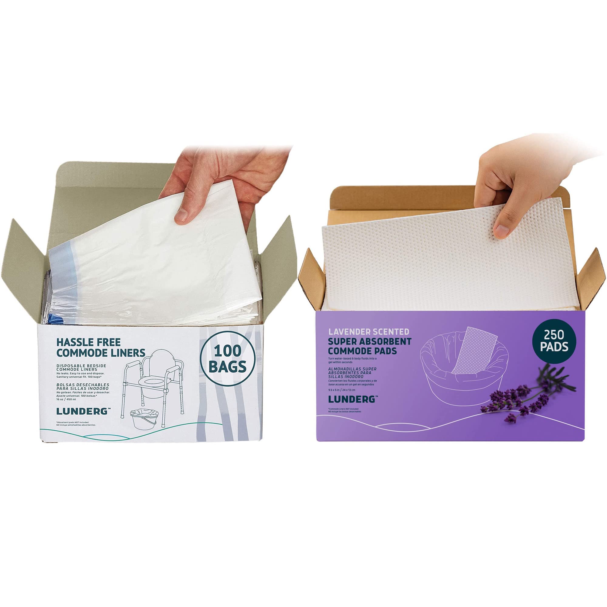 100 Disposable Commode Liners + 250 Lavender Scented Super Absorbent Pads - Universal Fit for Adult Commode Chairs & Portable Toilets - Ideal for Home Care, Hospitals, and Travel Use