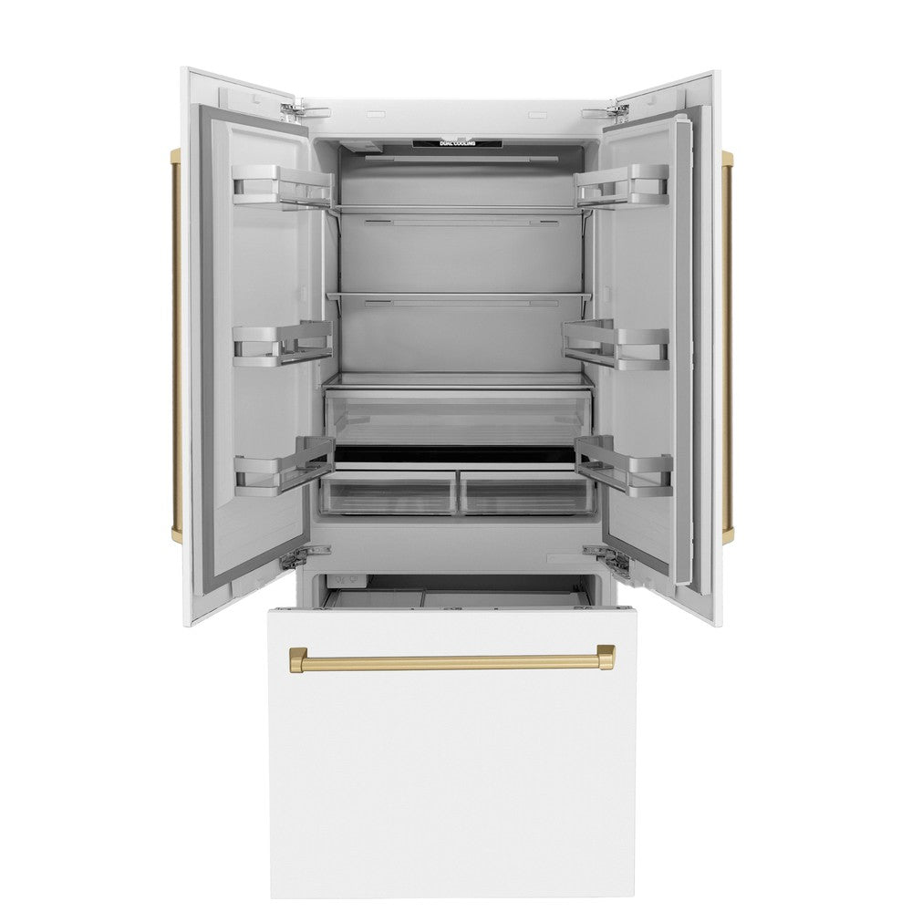 ZLINE Autograph Edition 36 Inch French Door Built-In Refrigerator - 19.6 cu ft Capacity, Bottom Freezer, Water Dispenser & Ice Maker - White Matte with Champagne Bronze Accents (RBIVZ WM 36 CB) | Perfect for Modern Kitchens, Open-Concept Homes & Luxury Appliance Upgrades