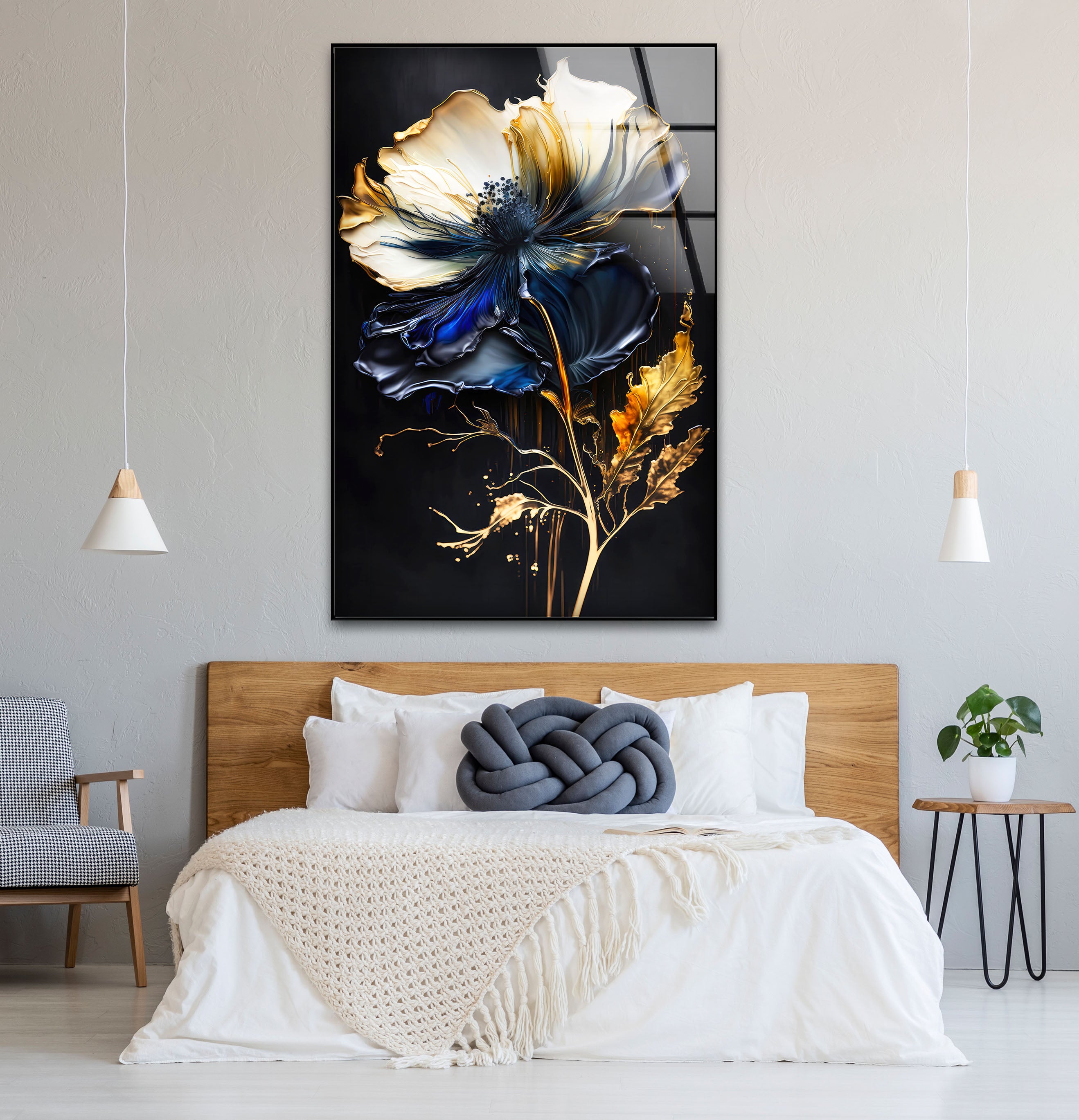 Blue and Gold Floral Wall Art - Elegant Dark Botanical Glass Print for Modern Luxury Home Decor | Perfect for Living Room, Bedroom & Office Wall Decor