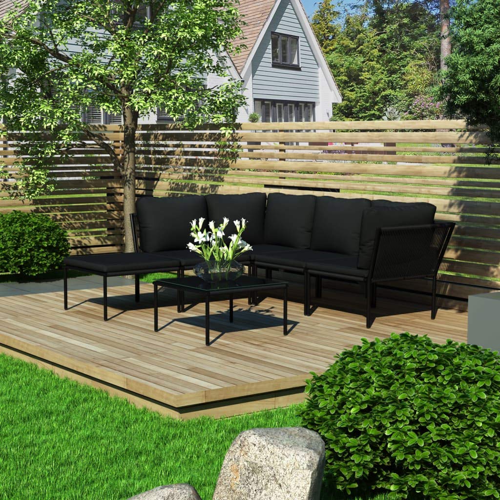6-Piece Black PVC Wicker Patio Conversation Set with Cushions, Outdoor Sectional Sofa & Glass Coffee Table - Perfect for Garden, Poolside & Backyard Relaxation