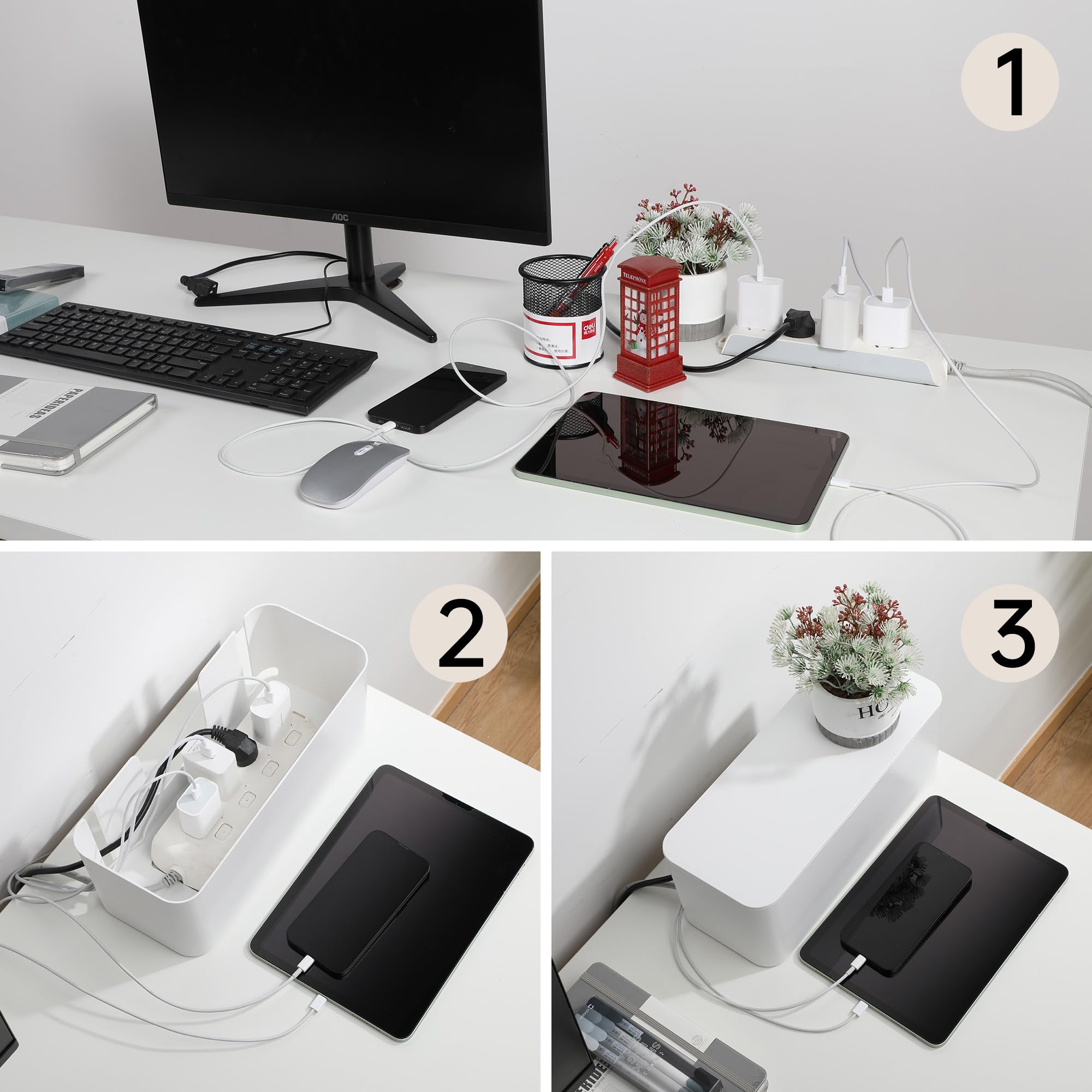 YECAYE 2 Pack Cable Management Box - Pet & Child Safe Cord Organizer for Home Office Desk - White | Hide Wires & Power Strips Neatly for Clutter-Free Workspace & Living Room