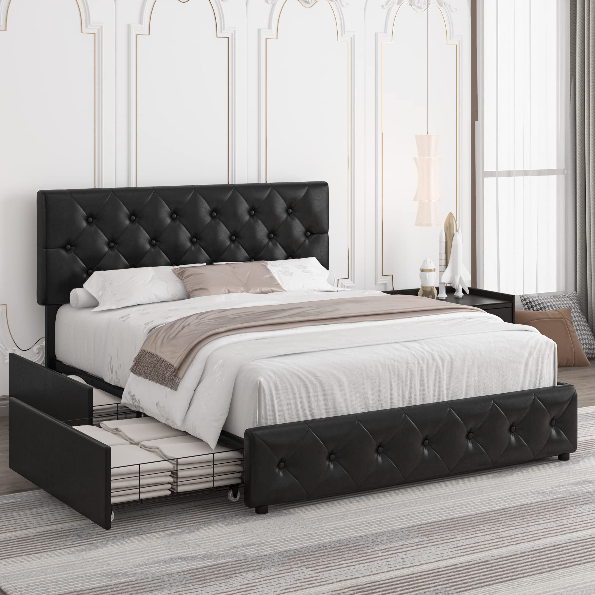 Queen Size Bed Frame with Underbed Storage Drawers - Space Saving Platform Bed for Small Rooms, Dorm, Apartment | Easy Assembly & Sturdy Metal Frame