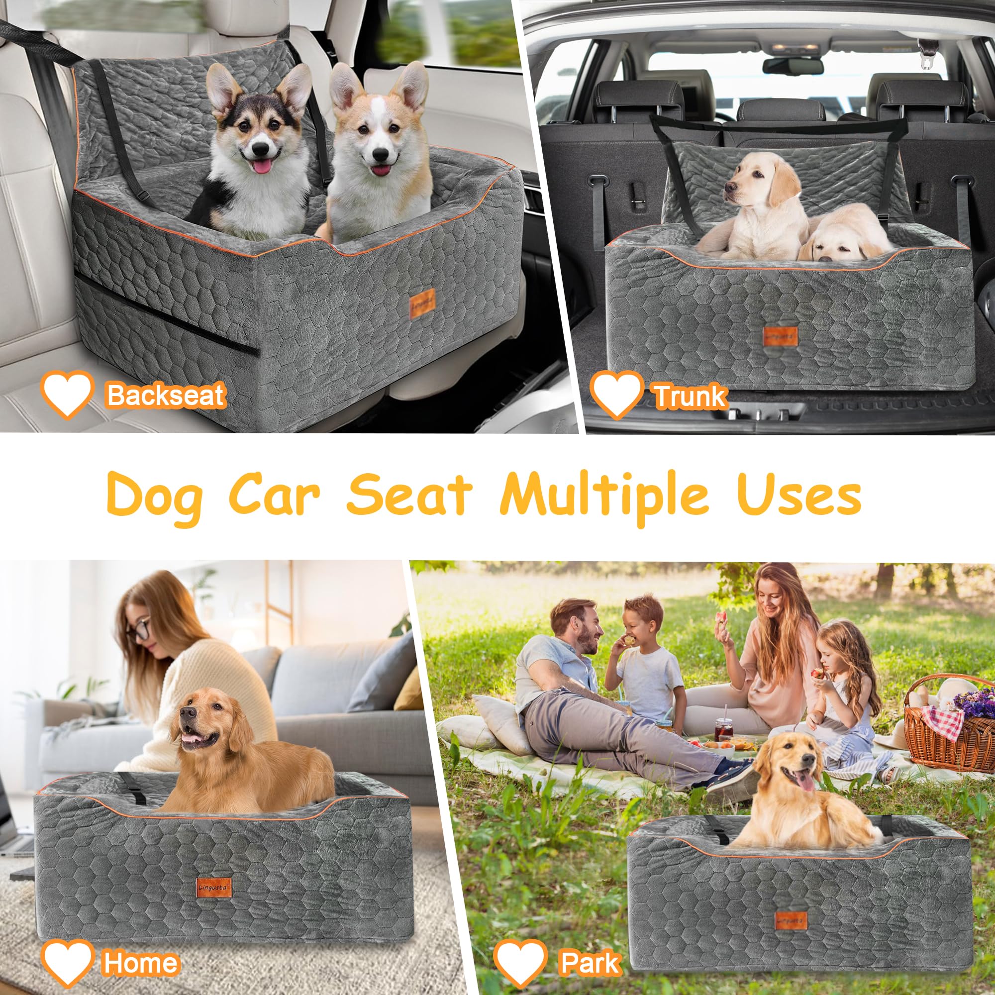 **Washable Dog Car Booster Seat for Medium & Large Dogs Up to 60 lbs – Multi-Functional Pet Travel Cushion with 2 Safety Leashes (Gray) – Perfect for Road Trips, Vet Visits & Daily Car Rides**