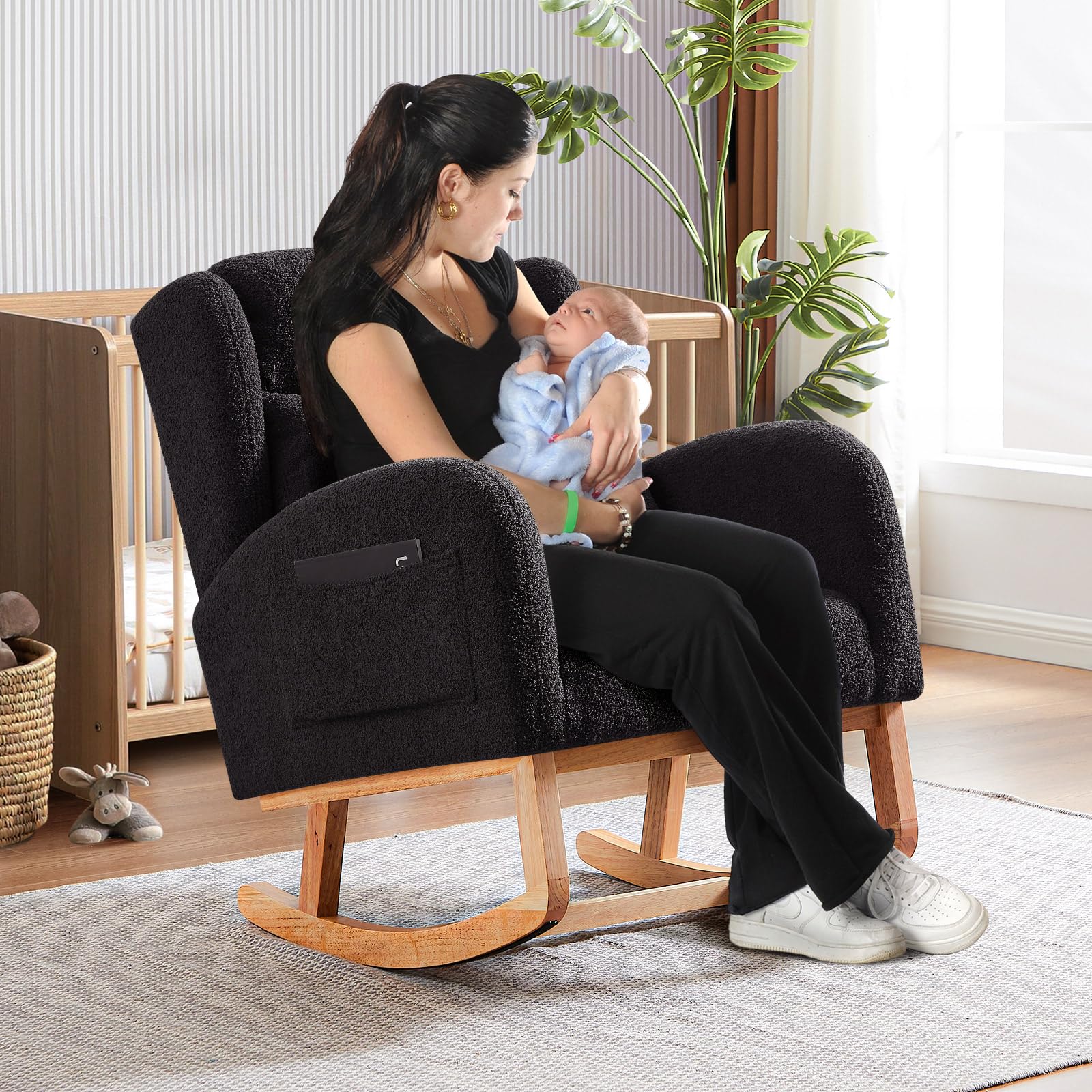 **Antetek Modern Rocking Chair - High Back Teddy Upholstered Nursery Rocker with Lumbar Pillow, Wingback Accent Armchair for Living Room, Bedroom & Nursery - Perfect for Nursing, Relaxing & Decor (Black)**