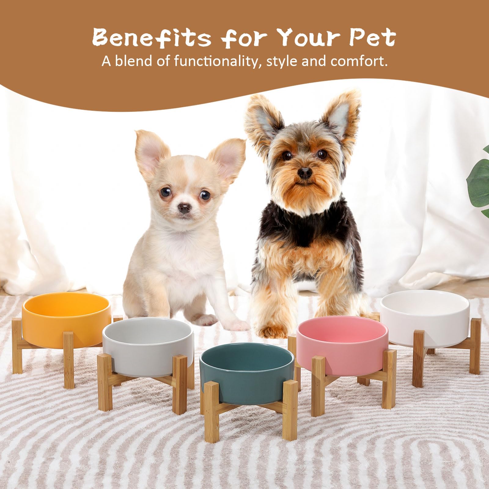 Premium Elevated Ceramic Cat Bowl with Bamboo Stand - Anti-Vomiting Raised Dog Dish for Puppies - 13.5oz/400ml White Pet Food Bowl - Stress-Free Feeding for Cats & Small Dogs - Perfect for Home, Kitchen or Pet Feeding Station