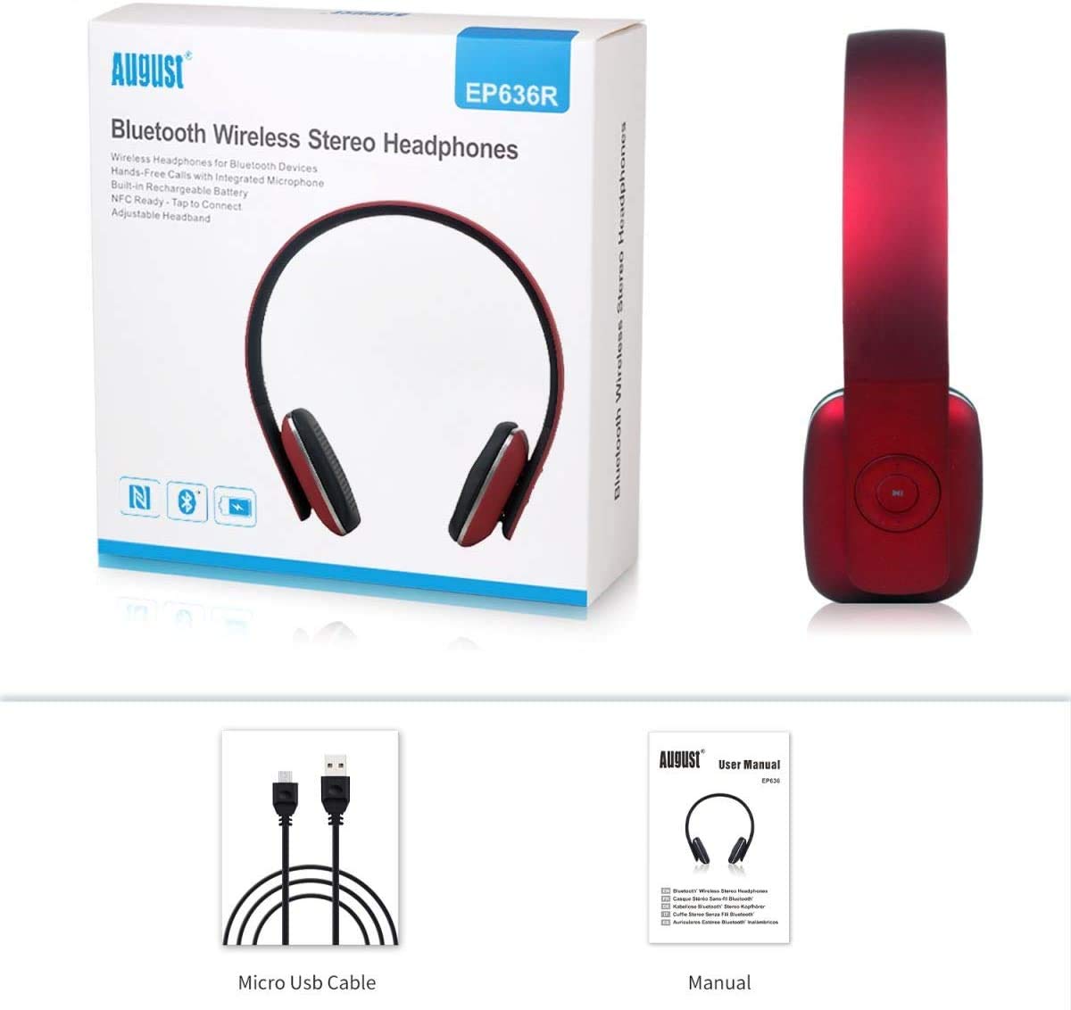August EP636 Wireless Bluetooth Headphones with NFC & Built-in Mic - On-Ear Comfort for Music, Calls & Gaming - Red (Perfect for Commuting, Workouts & Office Use)