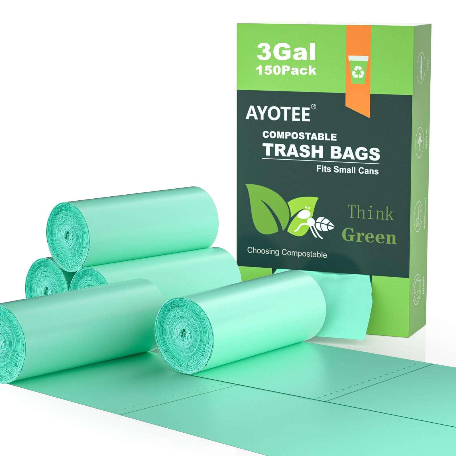 AYOTEE 3 Gallon Compostable Trash Bags - 150 Pack Small Biodegradable Kitchen Waste Bags for Countertop Compost Bin | Eco-Friendly Food Scraps Disposal | Perfect for Organic Waste, Home Composting & Sustainable Living