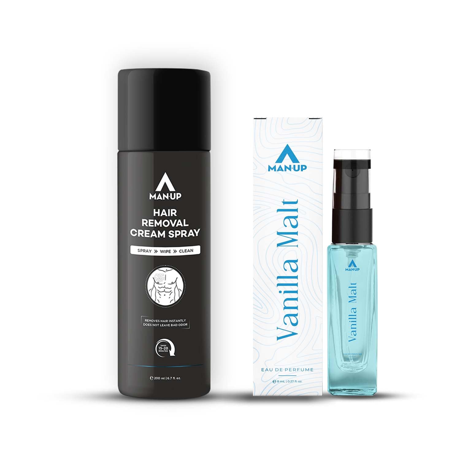 Man-Up Hair Removal Cream Spray - 200ml & Vanilla Malt Cologne for Men - 8ml | Painless Depilatory Cream | Long-Lasting Fragrance Eau de Toilette | Dermatologist Tested | For Smooth Skin & Confidence Boost | Gym, Date Night & Office Use