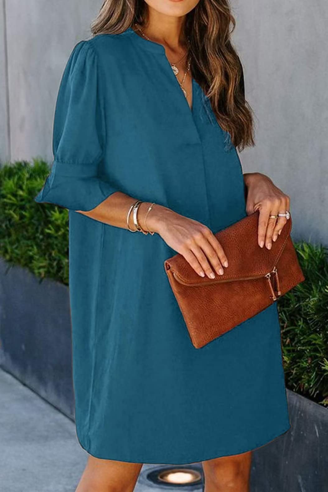 FEKOAFE Women's Summer 2023 Casual Dress - V Neck Ruffle Short Sleeve Solid Color Sundress | Perfect for Beach, Vacation & Everyday Wear