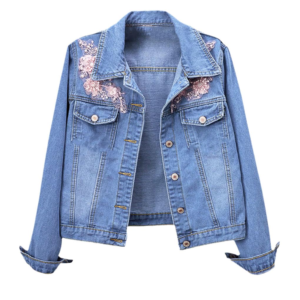 Floral Embroidery Denim Jacket for Women - Pearl Beaded Crop Jean Coat, Slim Fit Spring Fashion (Perfect for Casual Outings, Date Nights & Spring Festivals)