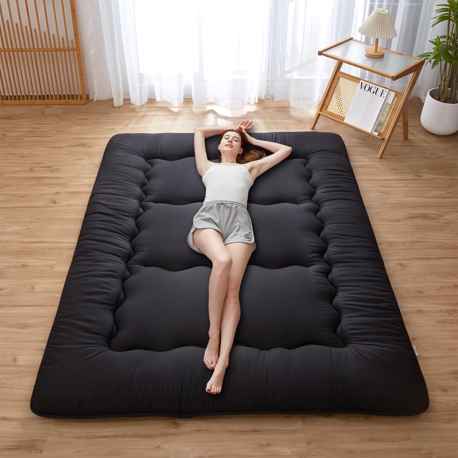 Japanese Futon Floor Mattress - Foldable Tatami Sleeping Mat with Washable Cover for Adults & Kids - Twin/Full/Queen Size (Queen, Black) - Perfect for Guest Rooms, Small Spaces & Minimalist Living