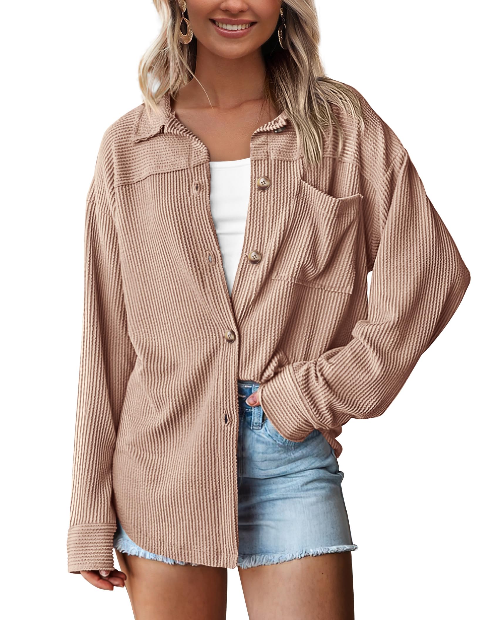 PRETTYGARDEN Women's Button Down Shacket - Long Sleeve Ribbed Knit Top with Pocket - Spring Loose Fit Work Blouse for Office, Casual Outfits & Layering
