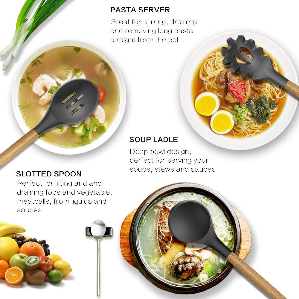 Premium Silicone Kitchen Utensil Set with Wooden Handles - 12-Piece Heat-Resistant Cooking Tools Including Spatula, Turner, Tongs & Whisk - Non-Slip Holder Included - Perfect for Baking, Frying & Everyday Cooking (Black)