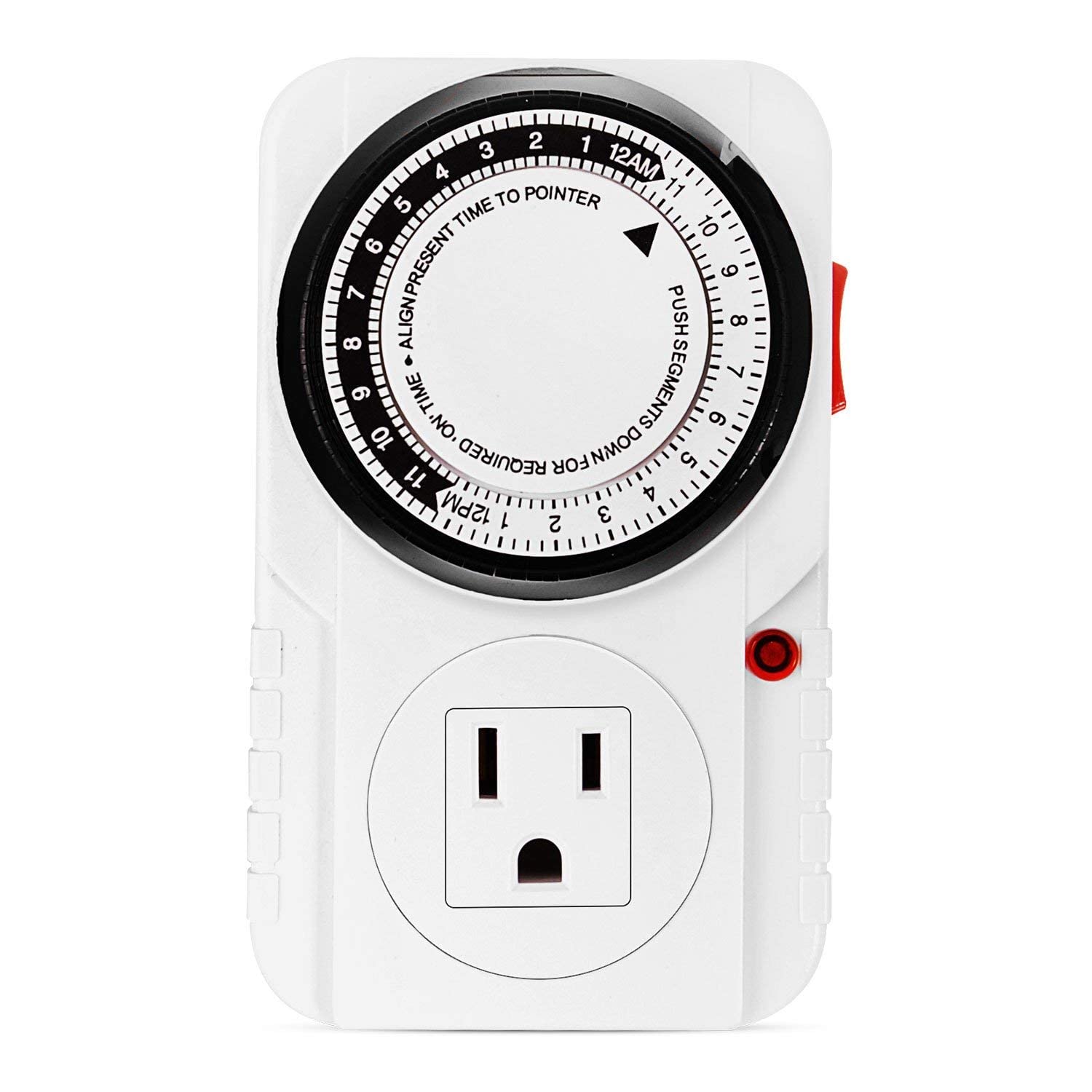 iPower 24 Hour Plug-in Mechanical Timer - Grounded Electrical Outlet Timer for Aquarium, Grow Lights, Hydroponics, Pets & Home Appliances - 125VAC, 60Hz, 1725W, 15A, 1/2HP (1 Pack) - Perfect for Automating Lights, Pumps & Small Appliances in Home, Office or Kitchen
