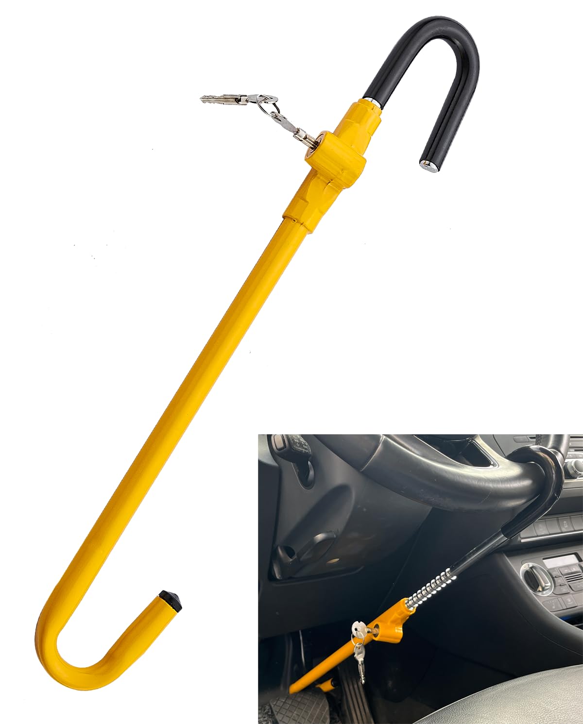 Universal Anti-Theft Steering Wheel Lock for Cars - Retractable Hook Design with Pedal Brake Lock | Yellow Security Device for Vehicle Protection | Perfect for Parking Security & Theft Prevention