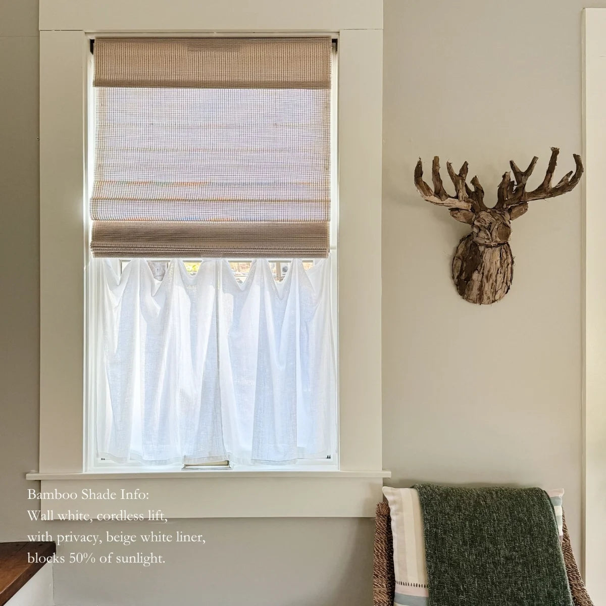 Sybil Bamboo Roman Shade - Natural Wall White Window Treatment for Living Room & Bedroom
