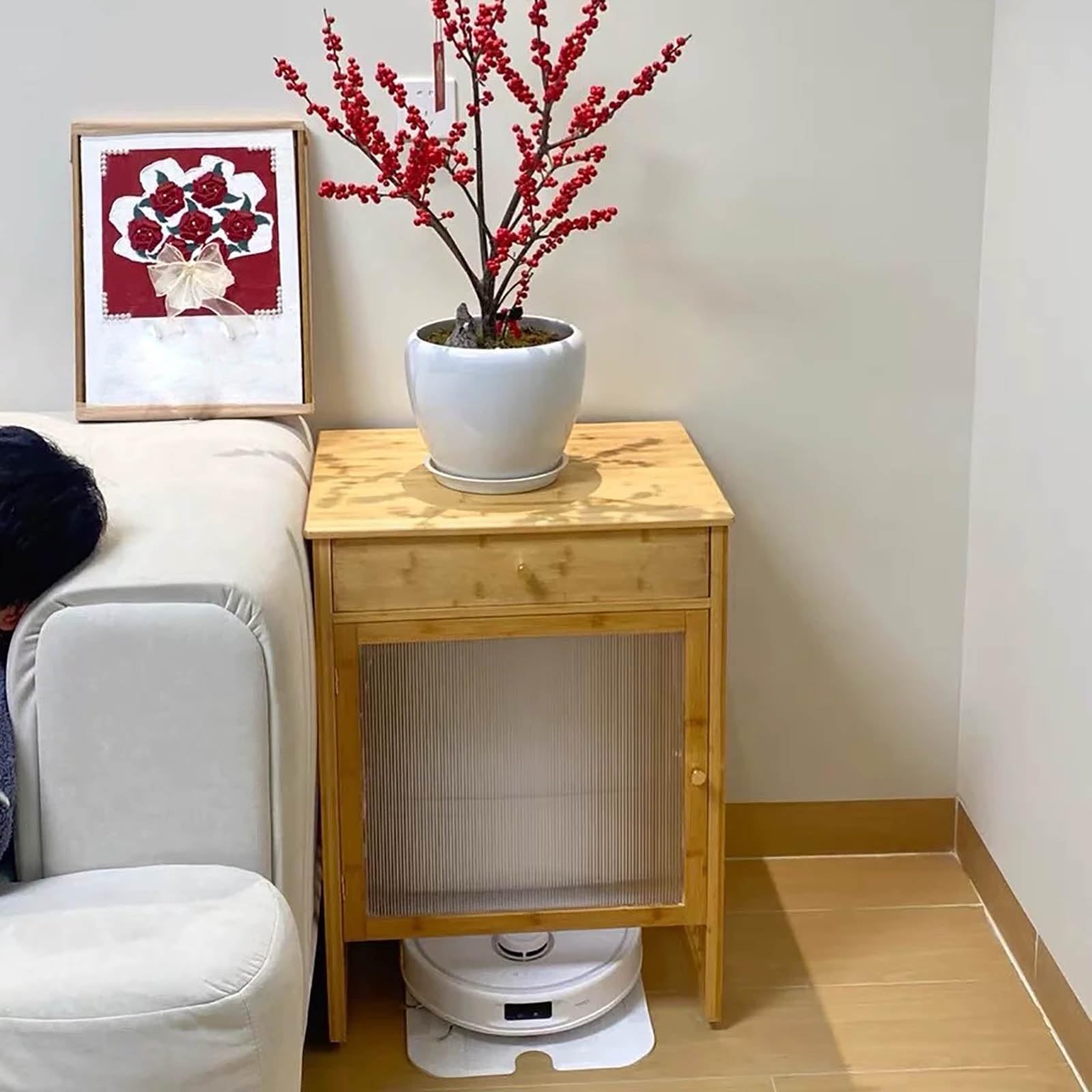 Wooden Robot Vacuum Cleaner Storage Stand with Cabinet - Organizer for Self-Emptying Robotic Vacuum & Mop - Compact Storage Rack (Light Grey, 52x41x63.5cm/20.5x16x25.5in) - Perfect for Living Room, Bedroom & Home Office Organization