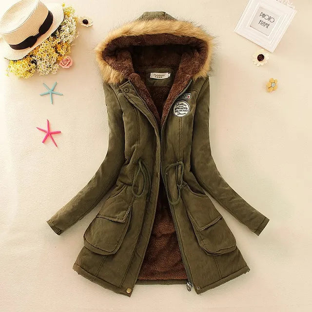 Women's Cotton Padded Jacket - Slim Fit Embroidered Hooded Parka for Autumn & Winter | Warm Quilted Overcoat for Casual Wear & Outdoor Activities