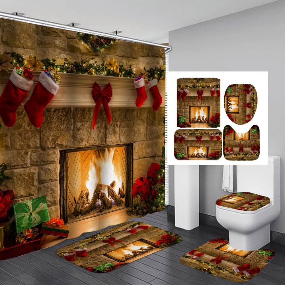 Waterproof Christmas Shower Curtain Set with Matching Rugs - Holiday Bathroom Decor with Xmas Tree, Bells & Fireplace Design - Perfect for Festive Bathroom Decorations & Gift Giving
